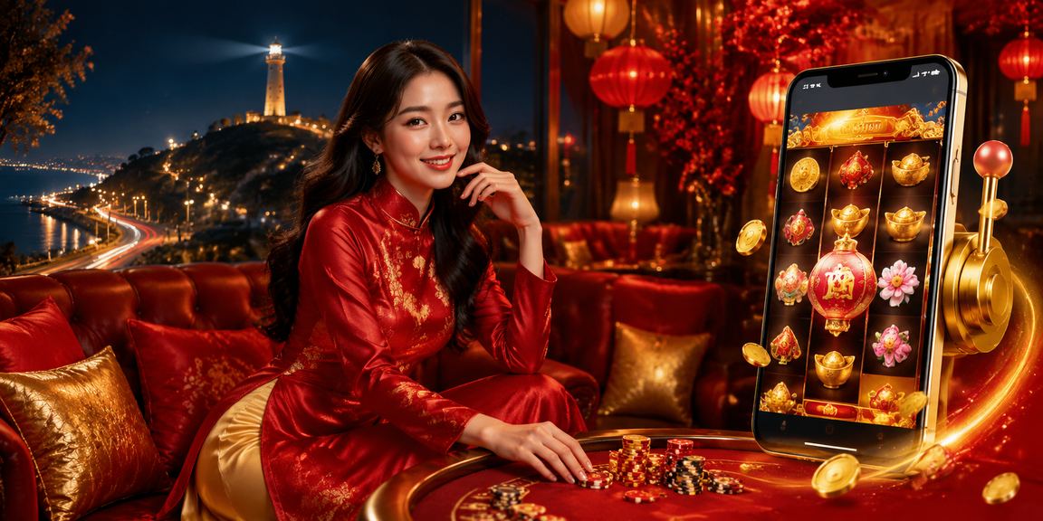 Người chơi slots với trang phục áo dài tại Vũng Tàu trong không gian casino trực tuyến
